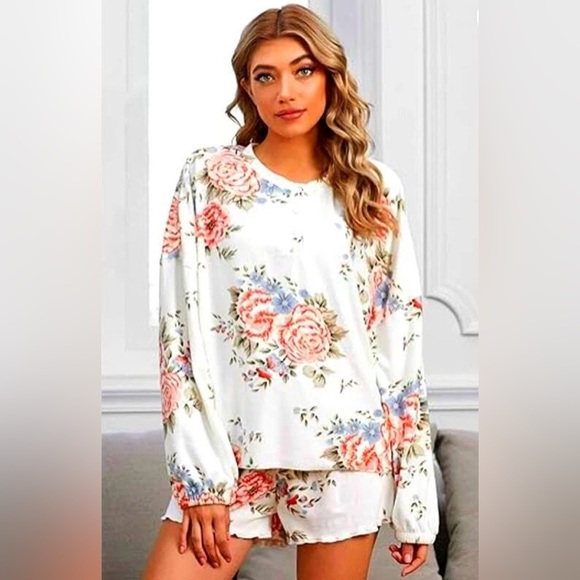 Pajama Lot Womens L Sleep Shirt Shorts Bottoms Fleece Ultra Soft Floral Set Lux - Picture 2 of 13